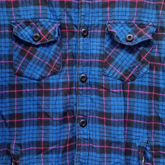 Vintage American Wear Clothing Blue Black And Pink Plaid Fleece Flanel Jacket - Picture 4 of 5